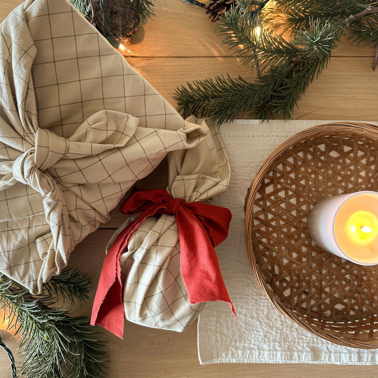 Reusable Gift Wrapping Cloth - Cream Plaid