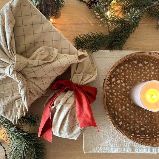 Reusable Gift Wrapping Cloth - Cream Plaid