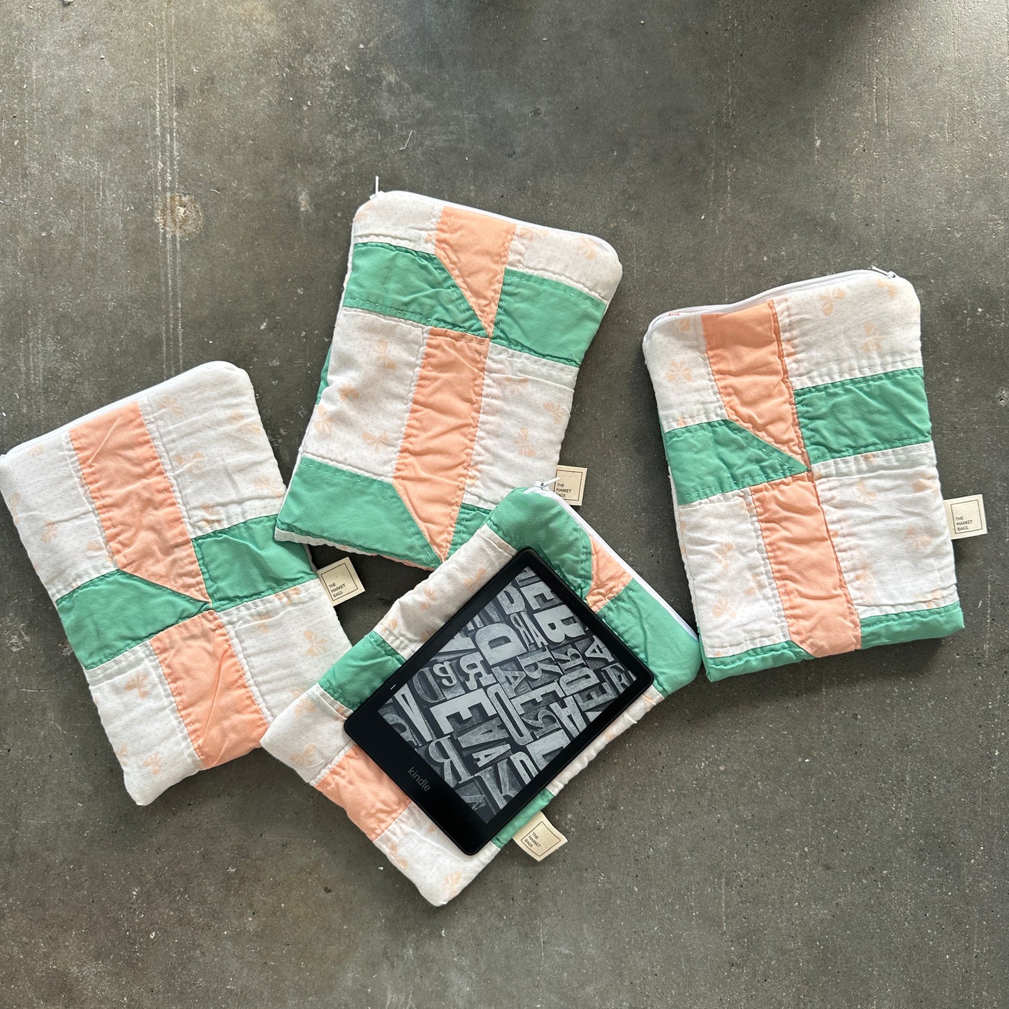 Quilted E-Reader Pouch - Peach & Teal