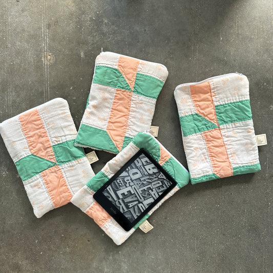 Quilted E-Reader Pouch - Peach & Teal